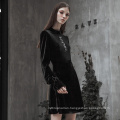 PUNK RAVE OPQ-427 Knee Length Black A shape collect waist Long Sleeve scrub black nebula buckle Velvet Embroidery Dress